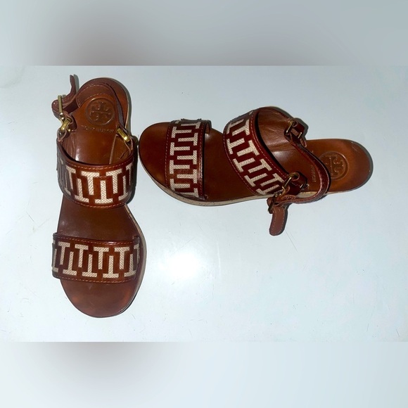 Tory Burch Shoes - Tory burch regan burlap T logo platform wedge Leather sandals US 7M Brown